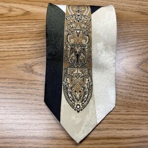 FROG Men Necktie 100% Silk Gold Black Baroque Ornate Italian Made Wide Tie